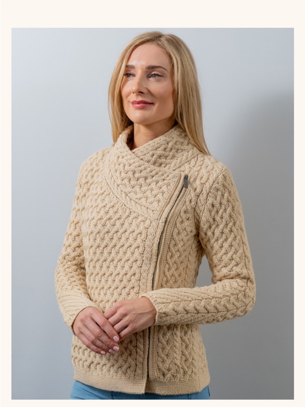 Aran Crafts Cream Cable-Knit Asymmetric Zip Cardigan